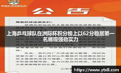 上海乒乓球队在洲际杯积分榜上以62分稳居第一名展现强劲实力
